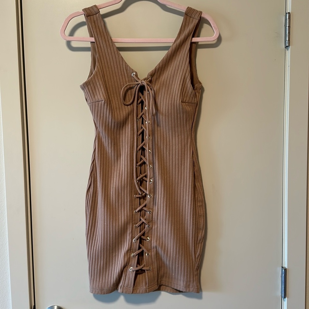 Beige lace up body-con dress